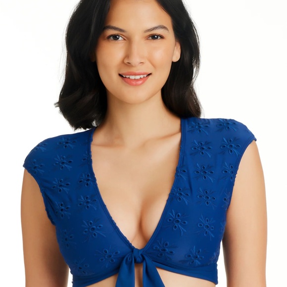 Bleu Rod Beattie Navy Tie Front Cap Sleeve Crop Top Bikini Top Size 8 NWT - Picture 1 of 10